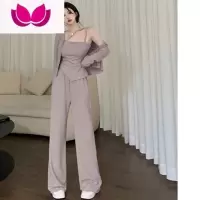 七斓NN娜娜~百搭开衫外套+不规则吊带+松紧腰阔腿裤辣妹炸街三件套女