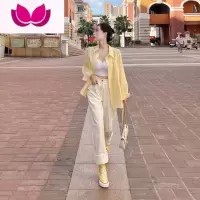七斓2023早春新款女装盐系高级感休闲时尚减龄黄色衬衫阔腿裤套装