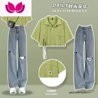 七斓今年流行时尚高级感polo上衣套装女夏季盐系穿搭御姐套牛仔裤