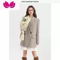 七斓新春通勤简约风翻驳领长袖外套女休闲百搭时尚气质西装套装