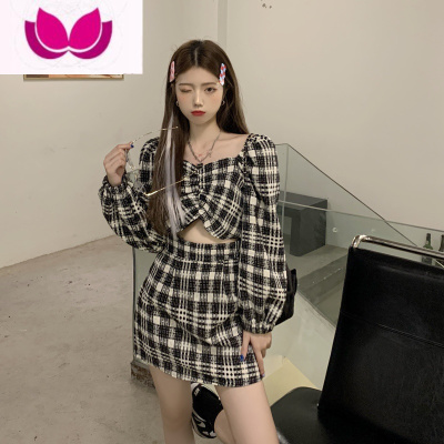 七斓大码女装2023新款千鸟格时尚套装短款百搭上衣+高腰A字半身裙