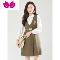 七斓春品惠#QH0U0008领衬衫+单排扣连衣裙套装女2023春