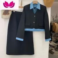 七斓西装外套+半身裙套女2023春季新款衬衫拼接假小香风套装