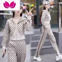 七斓短款运动休闲套装女2023春季新款时尚连帽收腰开衫阔腿长裤套