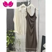 七斓长袖衬衫显瘦高腰开叉遮肉吊带连衣裙套装女2023春季新款