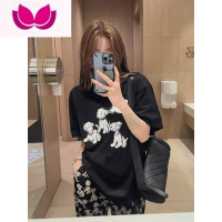 七斓夏季新款2023年时尚韩版狗狗印花上衣套装高腰阔腿裤潮流套女