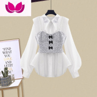 七斓绝美奶fuf套装法式假泡泡袖长袖上衣女高级感牛仔裤套春