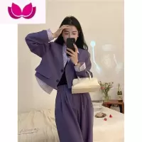 七斓衬衫拼接西装外套时尚套装女春季2023新款高腰休闲长裤可盐套