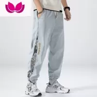 七斓牛仔裤男复古拼接小熊设计感高街夏季工装裤子潮牌薄款九分束脚裤