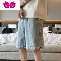 七斓浅色牛仔短裤男潮牌ins夏季薄款休闲工装五分裤宽松潮流外穿裤子