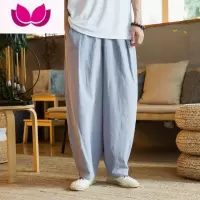 七斓中国风纯亚麻休闲长裤男士夏季薄款垂感棉麻阔腿加肥大码直筒裤潮