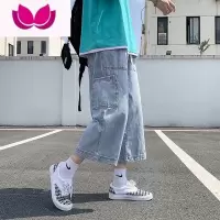 七斓牛仔短裤男夏季港风宽松直筒阔腿七分裤工装休闲百搭裤子