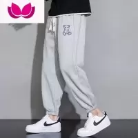 七斓休闲裤男夏季薄款卡通印花宽松潮牌ins灰色卫裤运动高街九分裤子