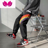 七斓牛仔裤男春季新款ins帅气韩版宽松直筒裤子青少年彩虹印花束脚裤
