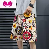七斓潮牌沙滩裤男夏季休闲复古印花短裤宽松可下水薄款冰丝速干五分裤
