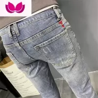 七斓刺绣浅色牛仔裤男复古潮牌修身小脚春季韩版潮流休闲新款九分裤子