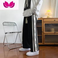 七斓绒串标拼接卫裤男秋季高街ins潮宽松直筒港风阔腿休闲长裤子