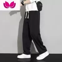 七斓裤子男款痞帅拖地裤运动卫裤夏季阔腿直筒宽松黑色休闲长裤
