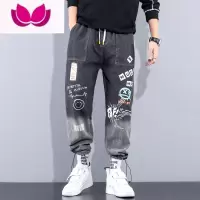 七斓2021春季工装牛仔裤男欧美潮牌宽松街头嘻哈小字母印花休闲哈伦裤
