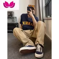 七斓日系cityboy工装裤男美式复古卡其色松紧腰阔腿宽松直筒长裤