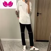 七斓网红同款膝盖拉链破洞牛仔裤水洗高街男休闲裤百搭修身九分裤直筒