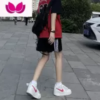 七斓宽松三条杠黑色短裤男女夏季bf风高腰运动休闲中裤三五分裤直筒裤