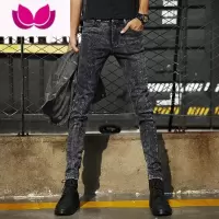 七斓裤子男士休闲韩版潮流弹力休闲纯黑色牛仔裤男款修身小脚裤