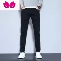 七斓夏季薄款潮牌黑色男士牛仔裤小脚长裤修身直筒潮流休闲裤子男