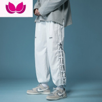 七斓裤子男2023新款潮流痞帅反光侧边抽绳休闲裤港风直筒阔腿长裤