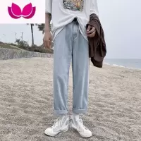 七斓蓝白牛仔裤男潮牌宽松秋季港风直筒九分痞帅ins百搭休闲阔腿长裤