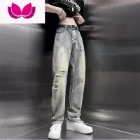 七斓高街侧拉链裤子ins美式复古破洞牛仔裤男士潮牌痞帅直筒裤
