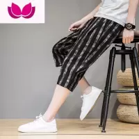 七斓短裤男五分裤条纹休闲裤夏季运动七分裤马裤中裤宽松亚麻裤沙滩裤