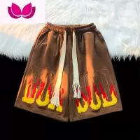 七斓美式篮球运动短裤男士夏季薄款高街ins潮牌火焰刺绣休闲五分裤子