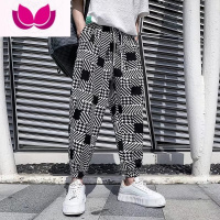 七斓格子裤男秋季新款千鸟格束脚九分休闲裤美式潮牌炸街宽松哈伦裤