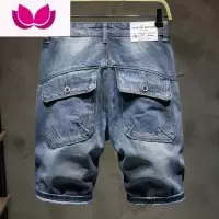 七斓日系多口袋工装牛仔短裤男潮牌宽松直筒五分裤男夏季薄款破洞裤子