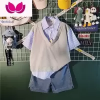 七斓夏季痞帅条纹假衬衫套装男高级感宽松短袖短裤套男装一套