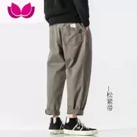 七斓美式裤子男宽松松紧腰灰色工装休闲裤日系复古直筒男大码长裤