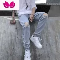 七斓破洞牛仔裤男宽松直筒夏季薄款美式高街ins潮牌浅蓝色休闲长裤子