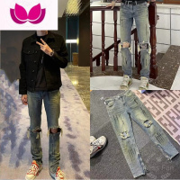 七斓秋季新款泼墨破洞水洗做旧百搭直筒修身裤子男网红苏六同款牛仔裤