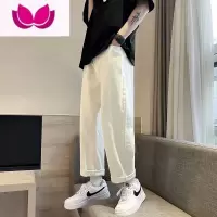 七斓坠感牛仔裤男ins潮牌炸街宽松直筒高街潮流嘻哈米白色休闲阔腿裤