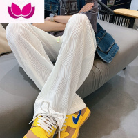 七斓冰丝压褶裤子男高街嘻哈潮流宽松休闲帅气青少年白色薄款阔腿卫裤