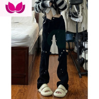 七斓美式trap高街头vibe风牛仔裤男女设计感黑色绑带微喇叭直筒裤