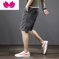 七斓2023夏季薄款青少年条纹牛仔短裤男潮牌宽松直筒弹力五分裤中裤子