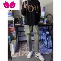七斓网红同款美式高街潮牌复古水洗膝盖贴布牛仔裤男学生直筒毛边裤子