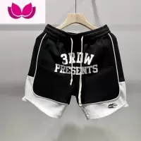七斓潮牌字母印花中裤夏季质感男个性针织美式休闲拼接撞色运动短裤潮