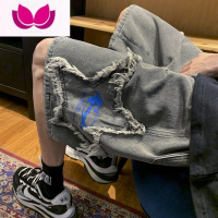 七斓牛仔短裤男夏季星星刺绣高街ins潮牌宽松5五分裤美式复古潮牌裤子