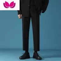 七斓黑色垂坠感小西裤男士宽松直筒休闲裤dk韩版潮流九分西装裤子