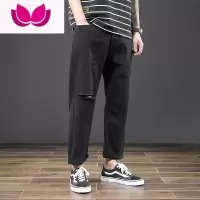 七斓黑色直筒牛仔裤2023新款男潮流复古哈伦高街破洞港风休闲九分裤子