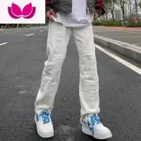 七斓欧美vibe风直筒显瘦毛边破洞牛仔裤男ins潮牌高街黑色微喇叭长裤