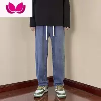 七斓复古蓝色牛仔裤男宽松直筒2023春季潮牌松紧腰学生阔腿显瘦长裤子